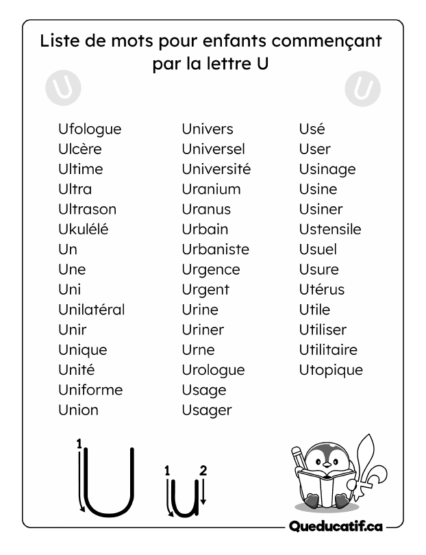 Mots Pour Enfants Qui Commencent Par La Lettre U Qu Ducatif